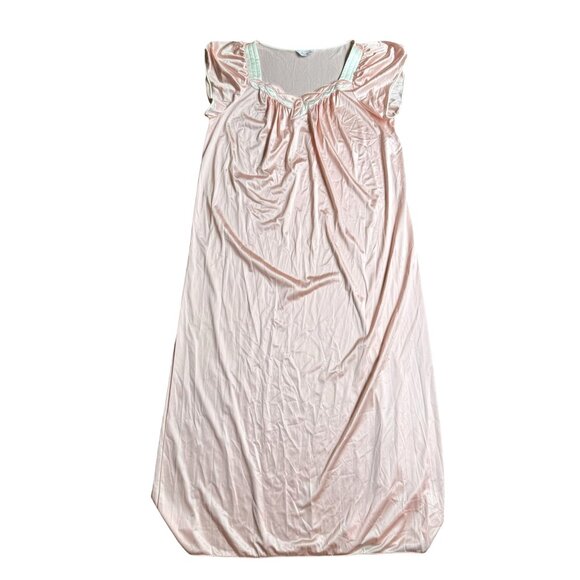 Vintage Vanity Fair Pink Nylon Nightgown L Embroidered Neckline‎ Maxi Long Silky - Picture 1 of 7